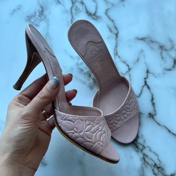 CHANEL Shoes - Chanel Camellia slide heel sandal blush pink size 37 C